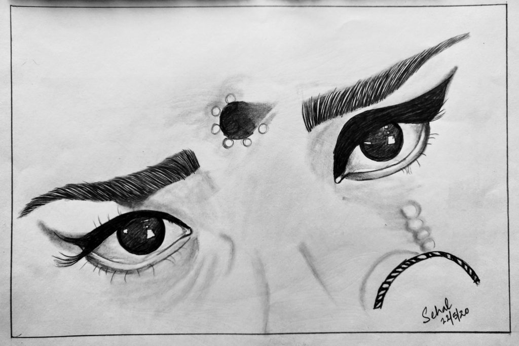 This is an incomplete sketch made on purpose to leave the onlookers captivated by the eyes of a woman which speaks a thousand words. 