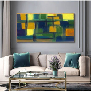 Abstract Painting Hanging Six Inch Above The Couch. Image Source: Author
